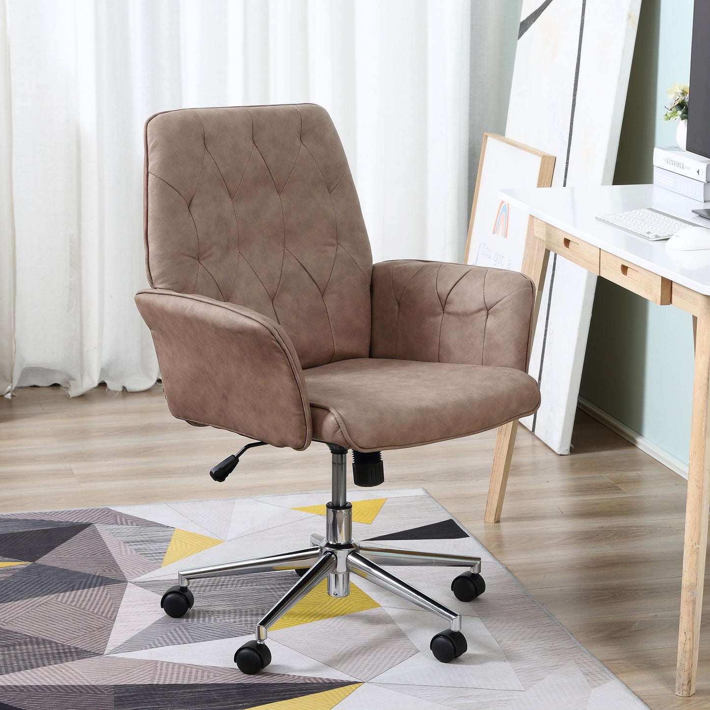 Vinsetto Office Desk Chair, Microfibre Vanity Chair with Adjustable Height, Armrest, Swivel Chair for Home, Coffee