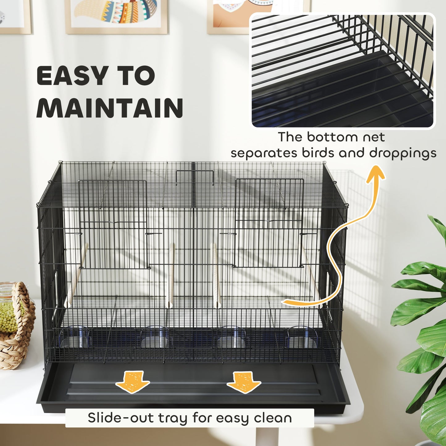 PawHut Bird Cage with Divider, 4 Wooden Perches, Slide Out Tray, 4 Feeders, for Budgie, Lovebird, Canary, 76 x 46 x 46cm, Black