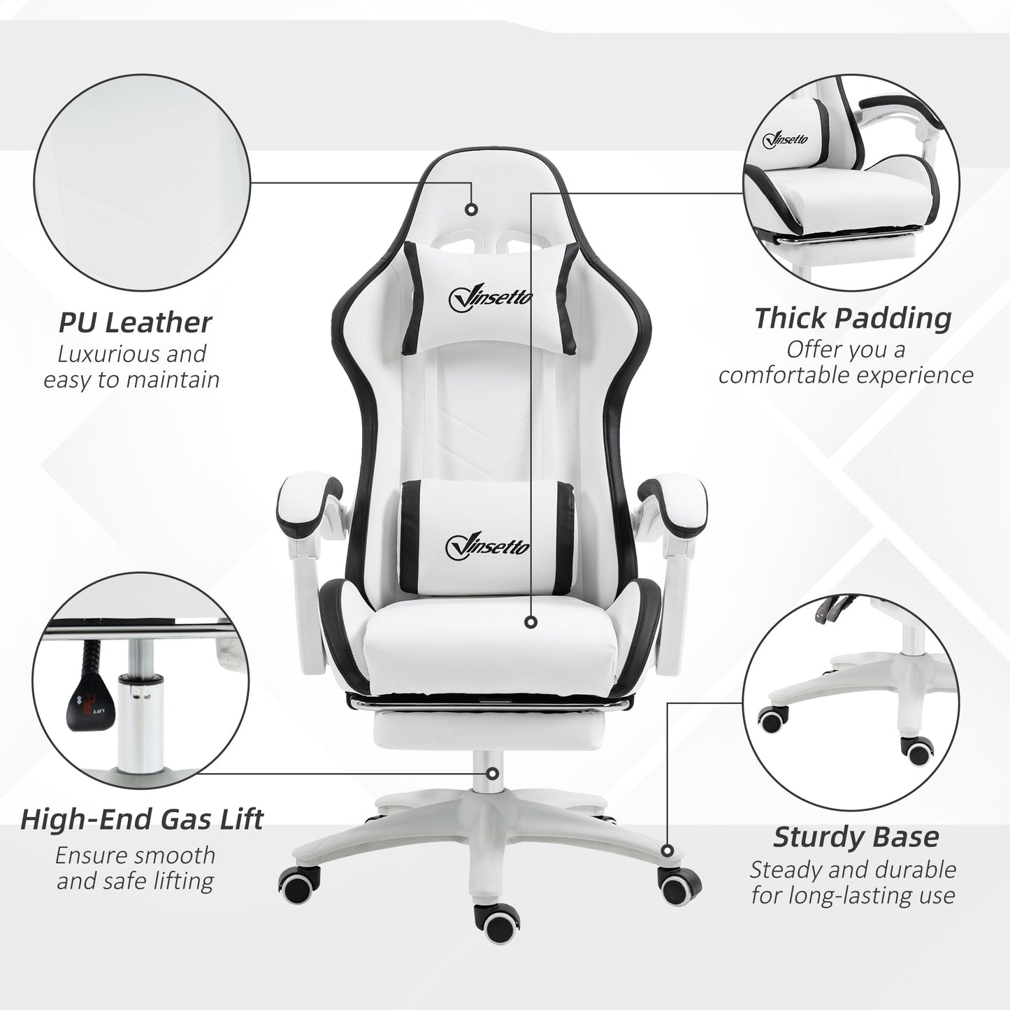 Vinsetto Computer Gaming Chair, PU Leather Desk Chair with Footrest, Swivel Task Chair with 135√Ç¬∞ Reclining Back and Lumbar Support, PC Chair for Adults, White and Black