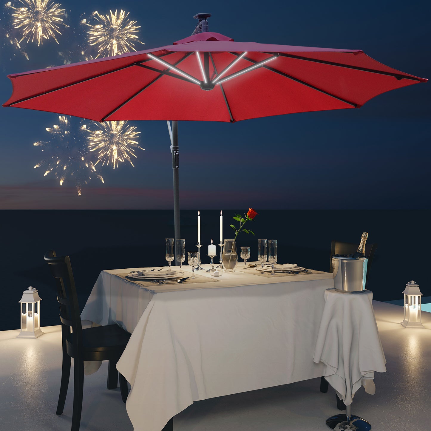 Outsunny Umbrella Parasol W/Solar Powered LED strips, √é¬¶2.95x2.45H m-Wine Red