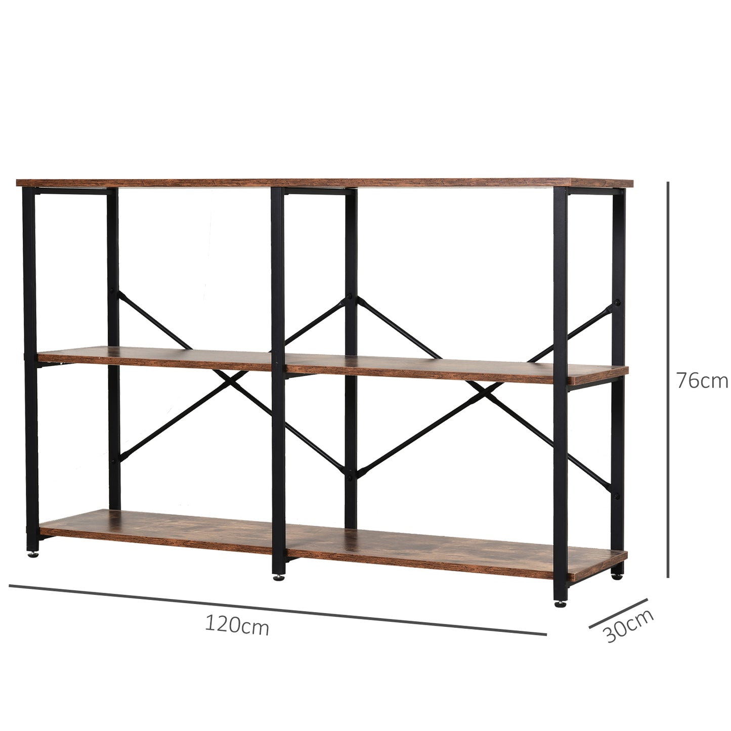 HOMCOM 3-Tier Industrial Style Shelf Metal Frame Smooth Shelves Adjustable Feet Home Office Display Storage Unit Sleek 76x120cm Brown