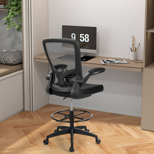 High Back Mesh Office Chair with Flip-up Armrests and Footrest Ring-Black