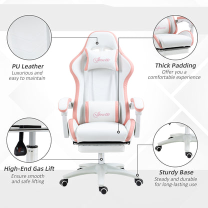 Vinsetto Computer Gaming Chair, PU Leather Desk Chair with Footrest, Swivel Task Chair with 135√Ç¬∞ Reclining Back and Lumbar Support, PC Chair for Adults, White and Pink