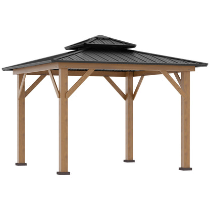 Outsunny 3.5 x 3.5m Outdoor Hardtop Gazebo Canopy with Two-tier Metal Roof and Solid Wood Frame Outdoor Patio Shelter for Patio, Garden, Grey