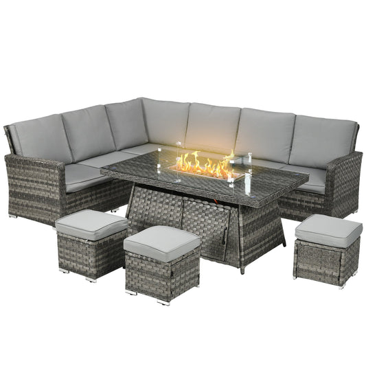 Outsunny Seven-Piece Firepit Table Rattan Sofa Set - Grey