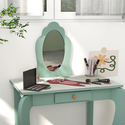 ZONEKIZ Kids Dressing Table with Mirror, Stool, Drawer, Cute Animal Design, Green