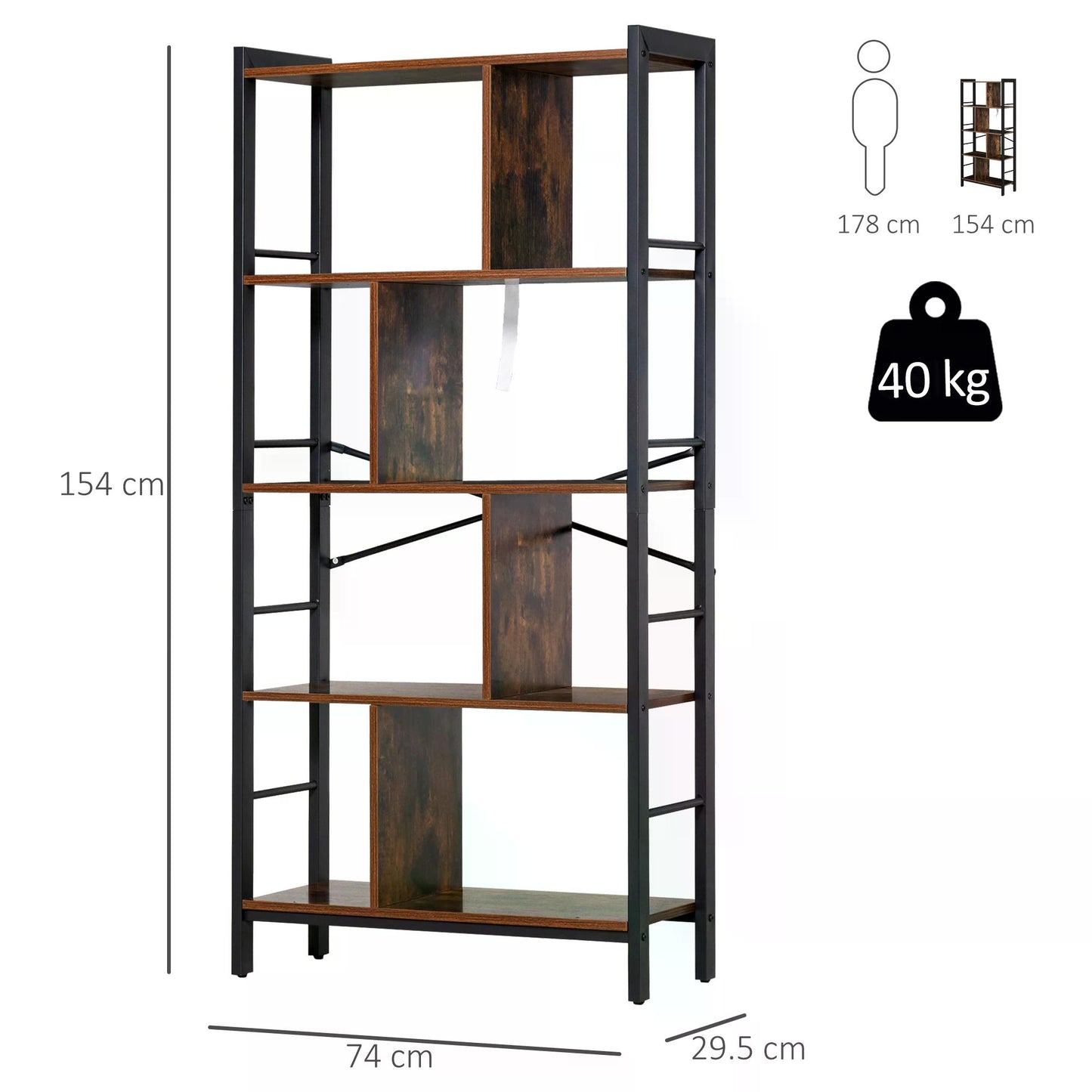 HOMCOM Industrial Bookshelf, Bookcase with 4-Tier Storage Rack furniture for Living Room Office Brown Black