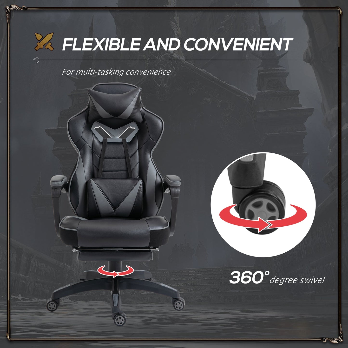 Vinsetto Computer Gaming Chair, Racing Desk Chair with Lumbar Support and Footrest, PU Leather Gamer Chair with Headrest and Swivel Wheels for Home, Grey