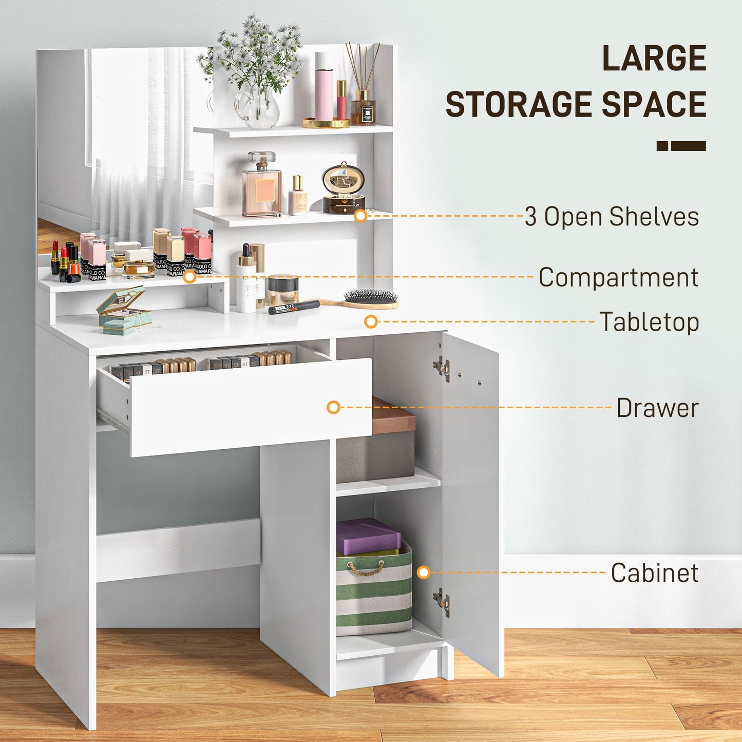 HOMCOM Dressing Table with Mirror and Stool, Vanity Table, Modern Makeup Desk with Drawer, Storage Cabinet and Adjustable Shelf for Bedroom, White