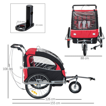 HOMCOM Bike Trailer 2-Seater for Bicycle Baby Child Carrier in Steel Frame (Black and Red)