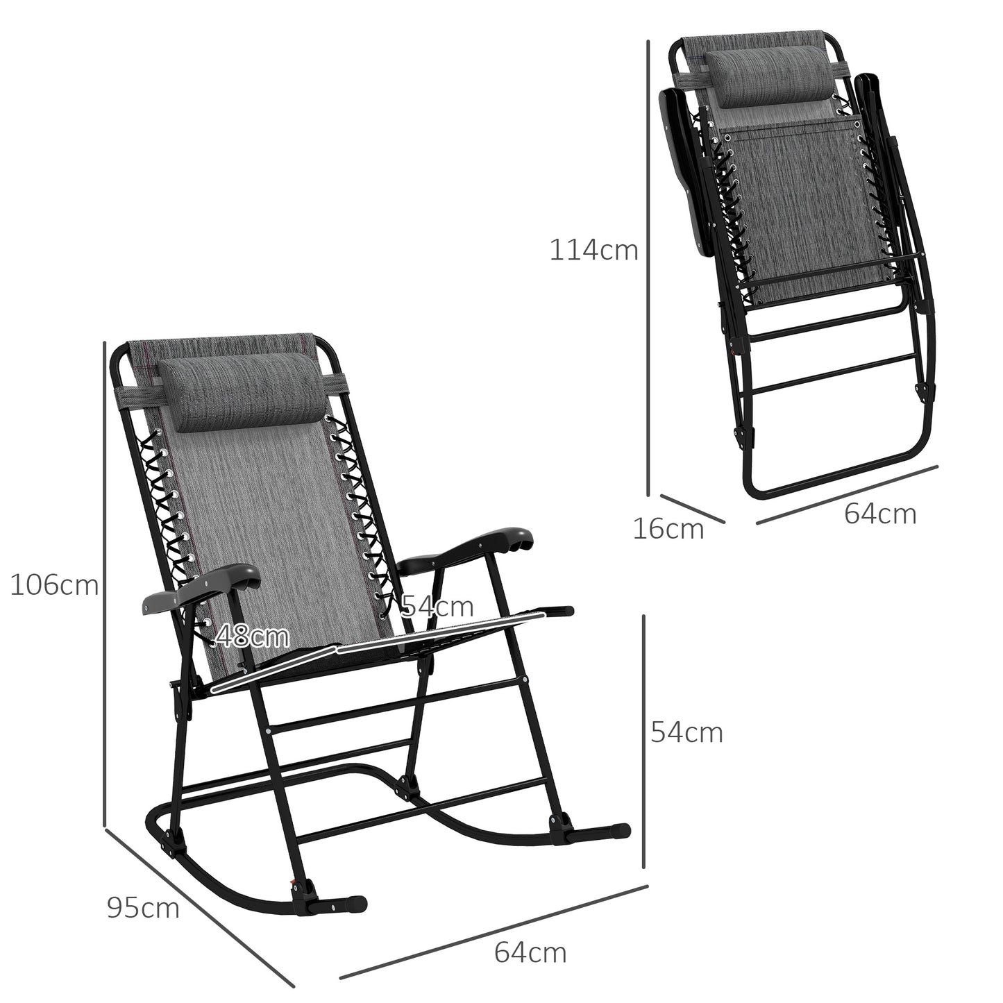 Outsunny Garden Rocking Chair Folding Outdoor Adjustable Rocker Zero-Gravity Seat with Headrest Camping Fishing Patio Deck, 90 x 64 x 110 cm - Grey