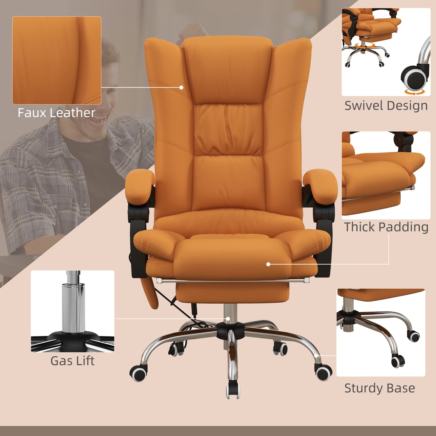 Vinsetto High Back Vibration Massage Office Chair, Heated Reclining PU Leather Computer Chair with 135√Ç¬∞ Reclining Back and Footrest, Light Brown