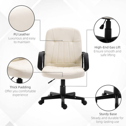 HOMCOM Swivel Executive Office Chair Home Mid Back PU Leather Computer Desk Chair for Adults with Arm, Wheels, Cream