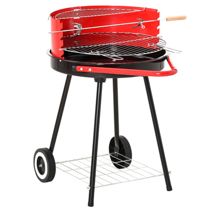 Outsunny Charcoal Outdoor Barbecue Grill, 2 Wheels, size (75.5H x 50L x 82W cm)-Red/Black