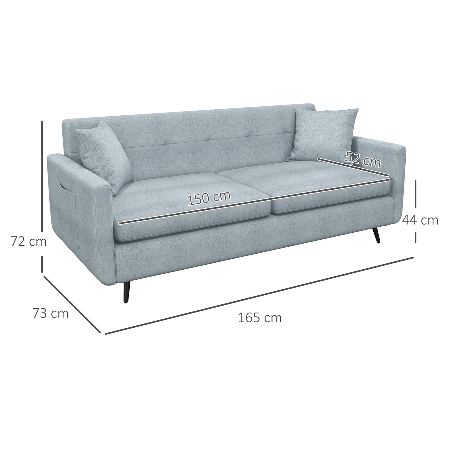 HOMCOM 165cm 3 Seater Sofa for Living Room, Modern Fabric Couch, Tufted Small Couch Sofa Settee with Steel Legs and 2 Storage Pockets for Bedroom and Home Office, Blue