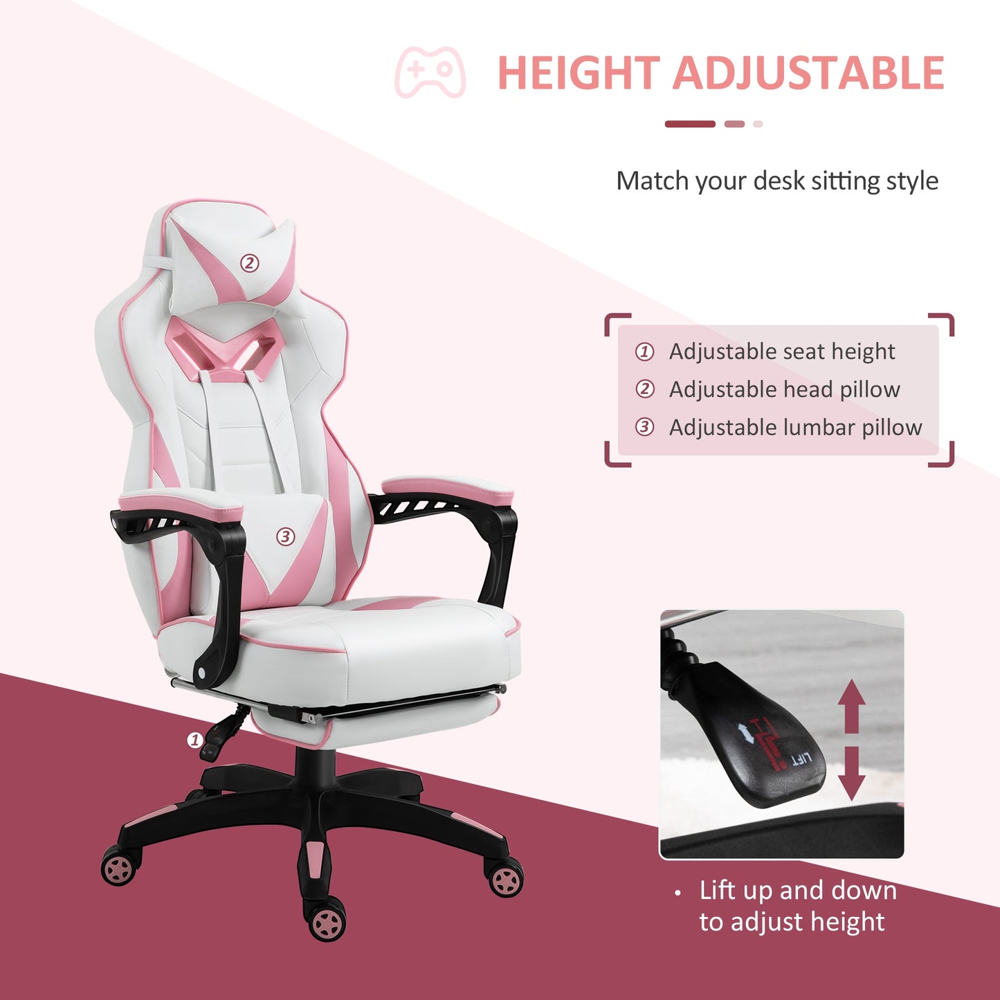 Vinsetto Computer Gaming Chair, Racing Desk Chair with Lumbar Support and Footrest, PU Leather Gamer Chair with Headrest and Swivel Wheels for Home, Pink