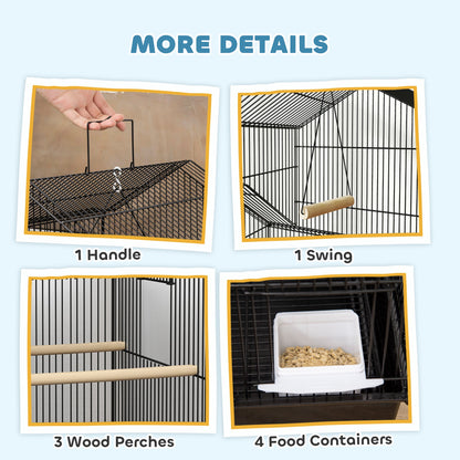 PawHut Metal Bird Cage with Plastic Swing, Perch, Food Container, Tray, Handle, for Finches, Canaries, Budgies, 43 x 32.5 x 163