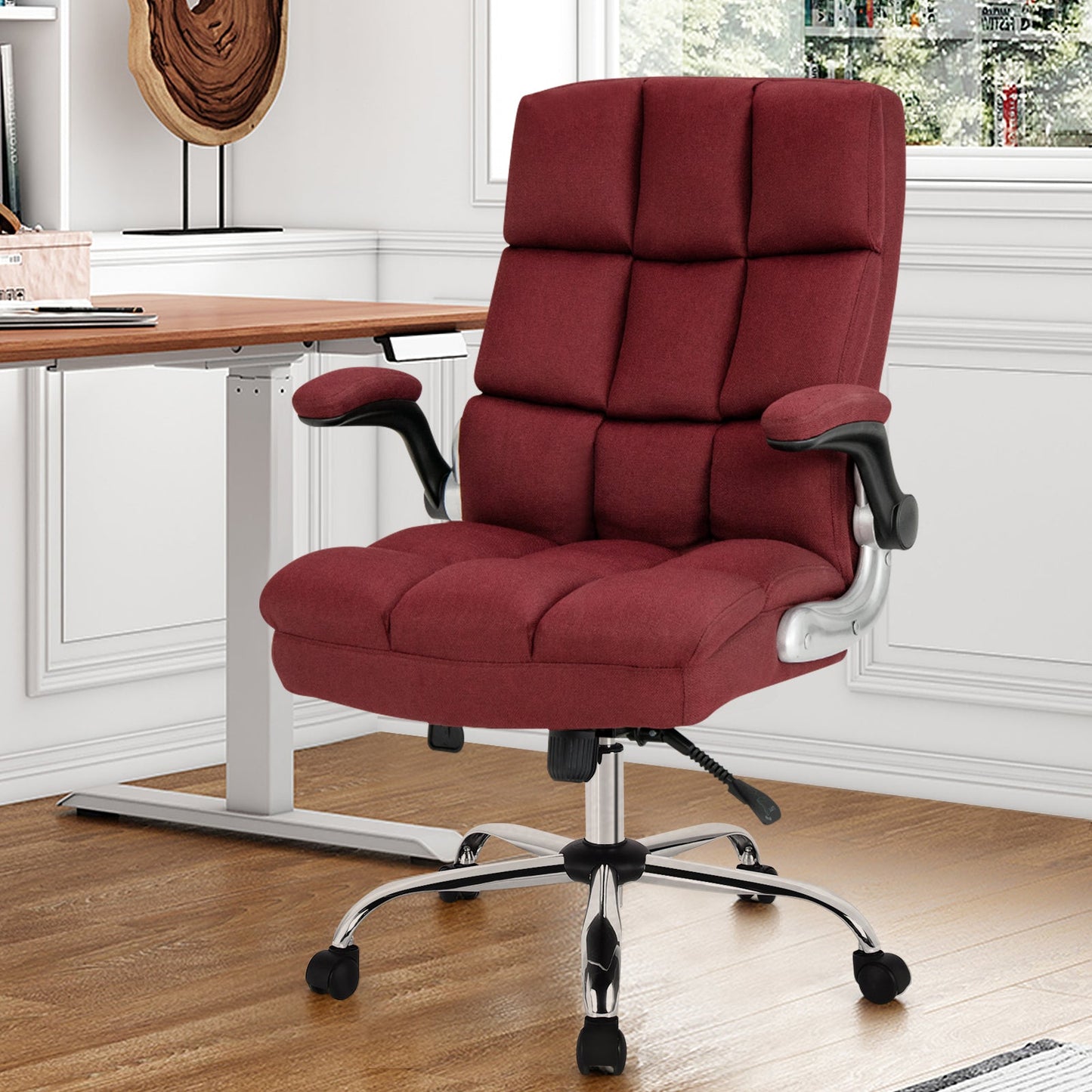 Linen Upholstered Executive Chair with Ergonomic High Back for Home Office-Red