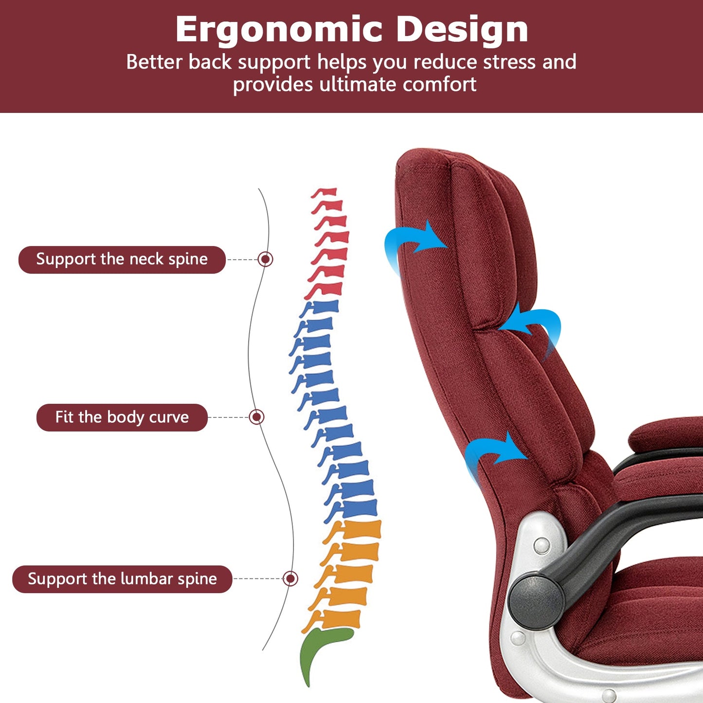 Linen Upholstered Executive Chair with Ergonomic High Back for Home Office-Red