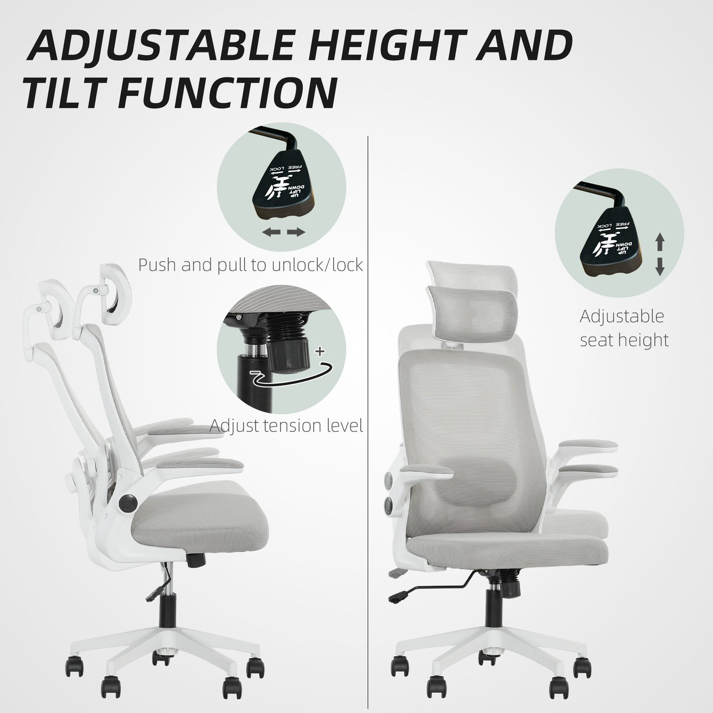 HOMCOM Executive Office Chair, Ergonomic Mesh High Back Desk Chair with Flip-up Armrest, Adjustable Lumbar Support, Rotatable Headrest, Swivel Computer Chair for Home Study, Grey