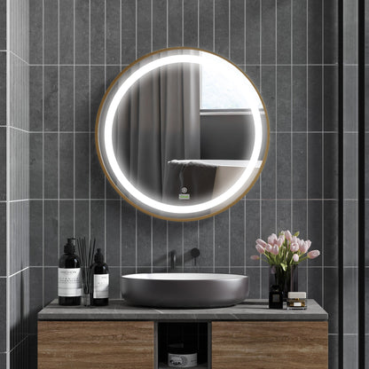 kleankin Round LED Bathroom Mirror, Dimmable Lighted Wall Mount Mirror with 3 Colours, Time Display, Memory Function, Hardwired