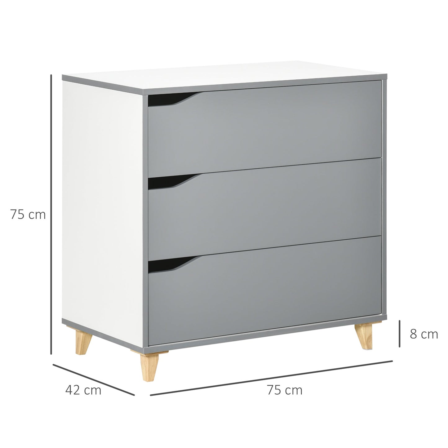 HOMCOM Drawer Chest, 3-Drawer Storage Cabinet Unit with Pine Wood Legs for Bedroom, Living Room, 75cmx42cmx75cm, Grey