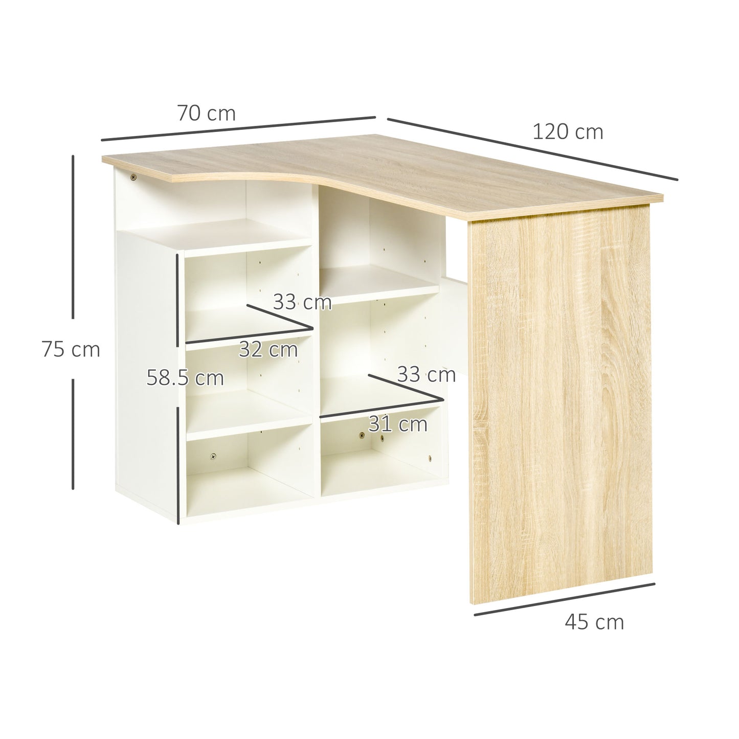 HOMCOM L-Shaped Desk, Corner Computer Desk, Study Table with Storage Shelf Office Home Workstation - Oak Tone and White