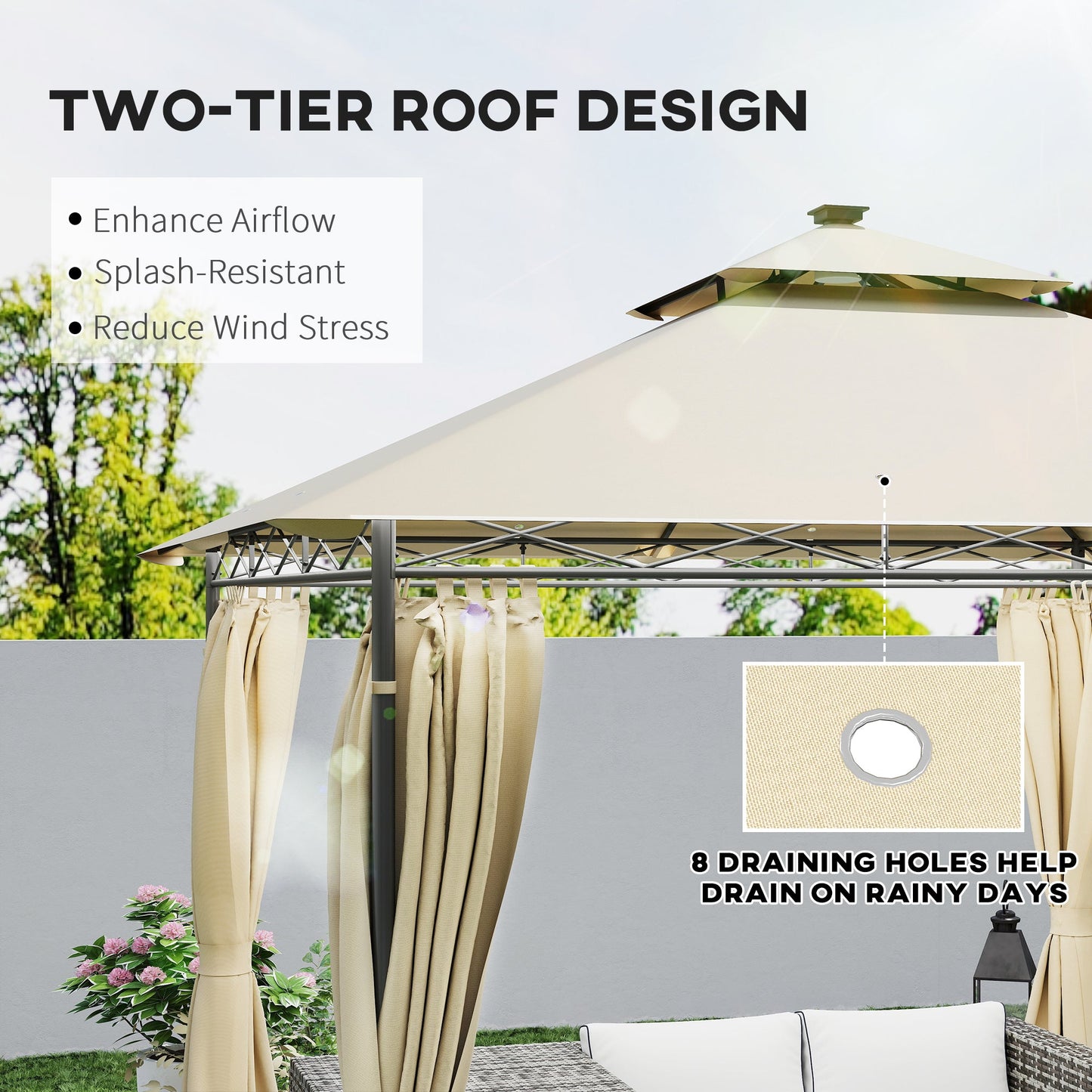 Outsunny 3 x 3 m Garden Gazebo, Double Roof Metal Gazebo with Curtains and Solar-Powered LED Lights, Outdoor Gazebo Canopy Shelter for Patio, Deck, Beige