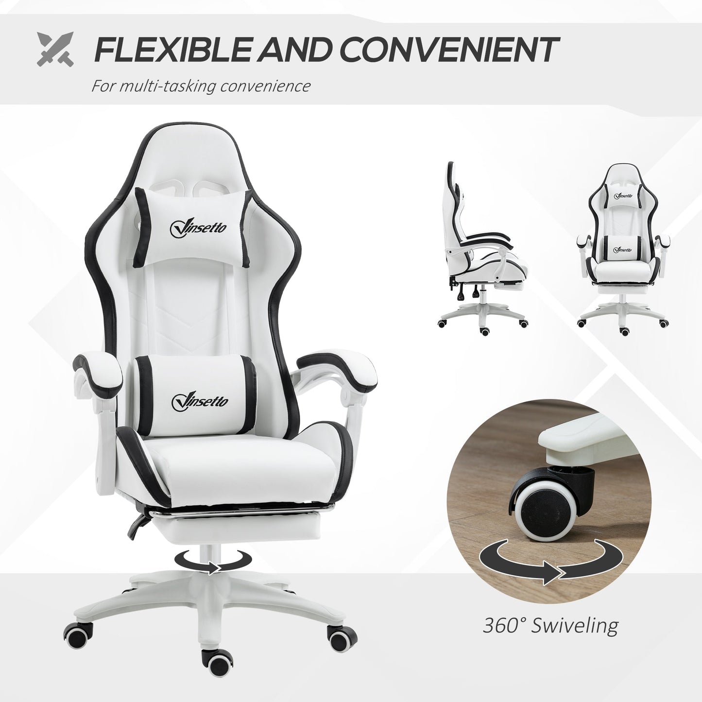 Vinsetto Computer Gaming Chair, PU Leather Desk Chair with Footrest, Swivel Task Chair with 135√Ç¬∞ Reclining Back and Lumbar Support, PC Chair for Adults, White and Black