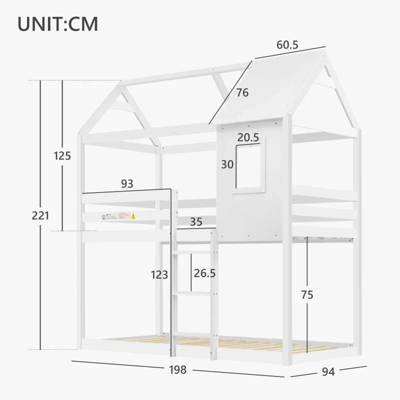 Children's Bunk Bed with Convertible Ladder and Window, Solid Pine Wood Twin Sleeper, Safety Certified, for Kids, Teens, 198x94x221 cm, White