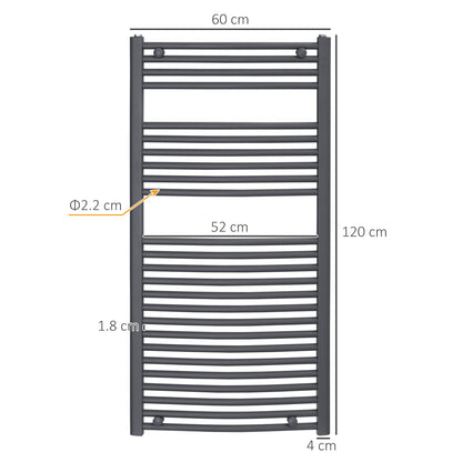 HOMCOM Curved Heated Towel Rail, Hydronic Bathroom Ladder Radiator Towel Warmer For Central Heating 600mm x 1200mm, Grey