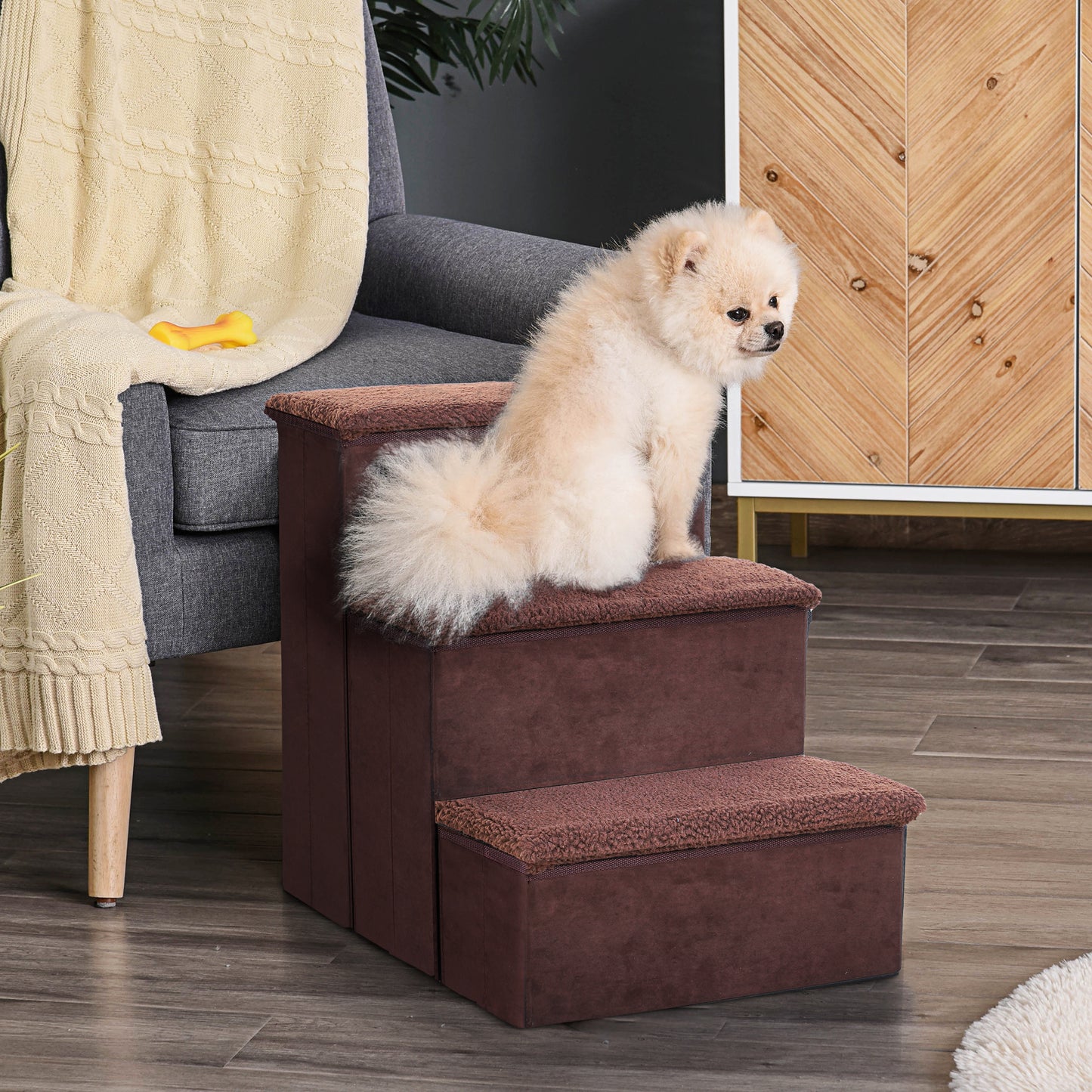 PawHut Pet Stairs Washable Fleece Faux Suede Cover 3 Step Dog Cat Foldable Portable Mobility Assistance 41 x 19cm Brown