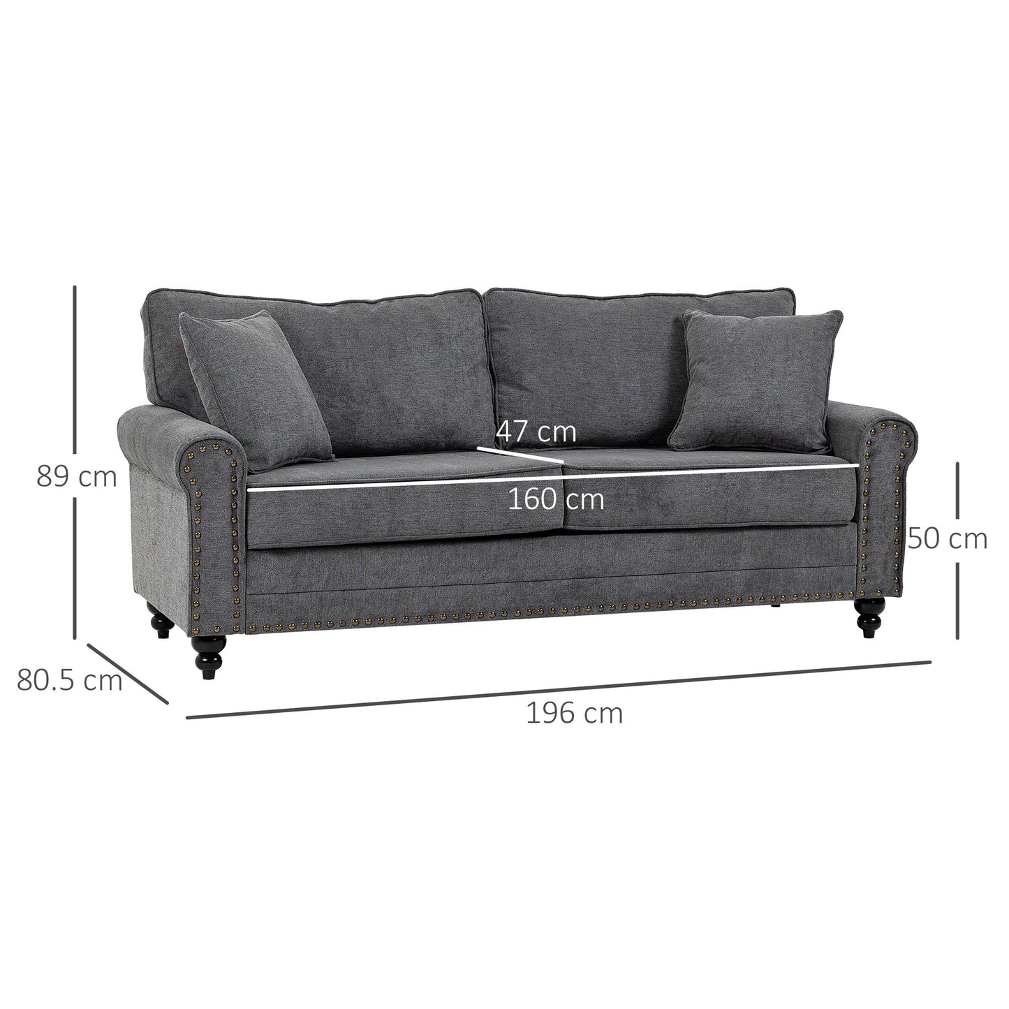 HOMCOM 3 Seater Sofas for Living Room, Fabric Sofa with Felt Mats, Cushions and Pillows, Grey