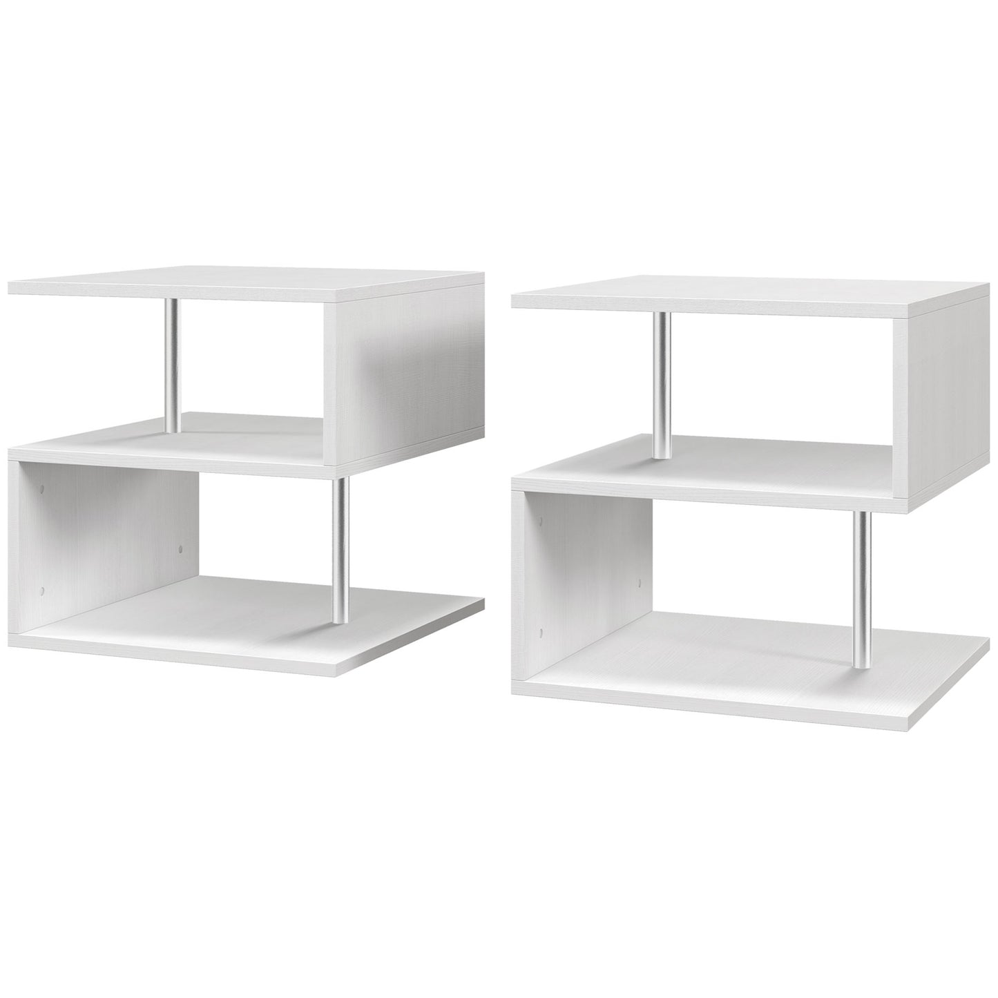 HOMCOM Wooden S Shape Cube Coffee Table 2 Tier Storage Shelves Organizer Office Bookcase Living Room End Desk Stand Display Set of 2 (White)