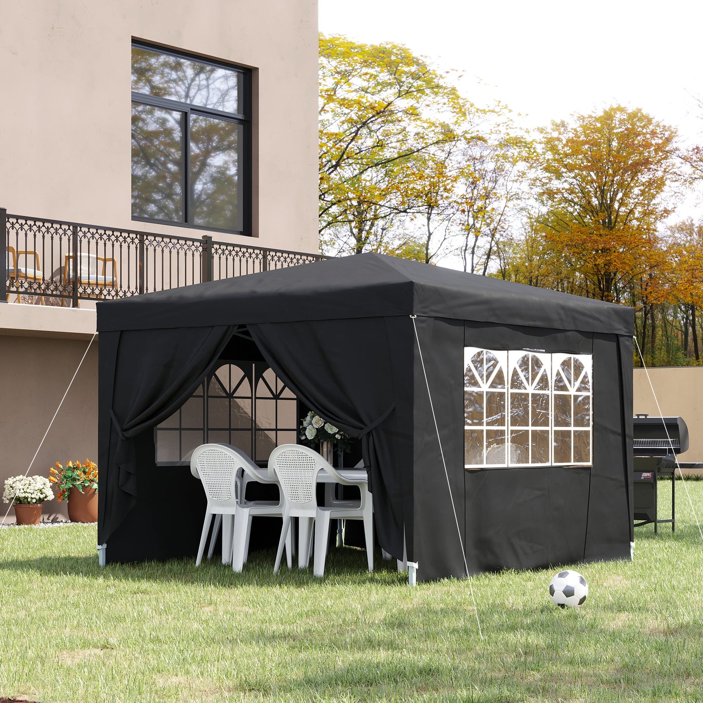 Outsunny 3 x 3 m Garden Pop Up Gazebo, Wedding Party Tent Marquee, Water Resistant Awning Canopy with Sidewalls, Windows, Carry Bag, Black