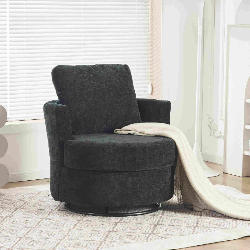 Chenille Swivel Recliner with Back Cushion and Thick Foam Pad, Faux Leather Adjustable Manual Swivel Base, Upholstered with Wooden Frame, 360° Swivel, 78.5x83x86 cm, Dark Grey