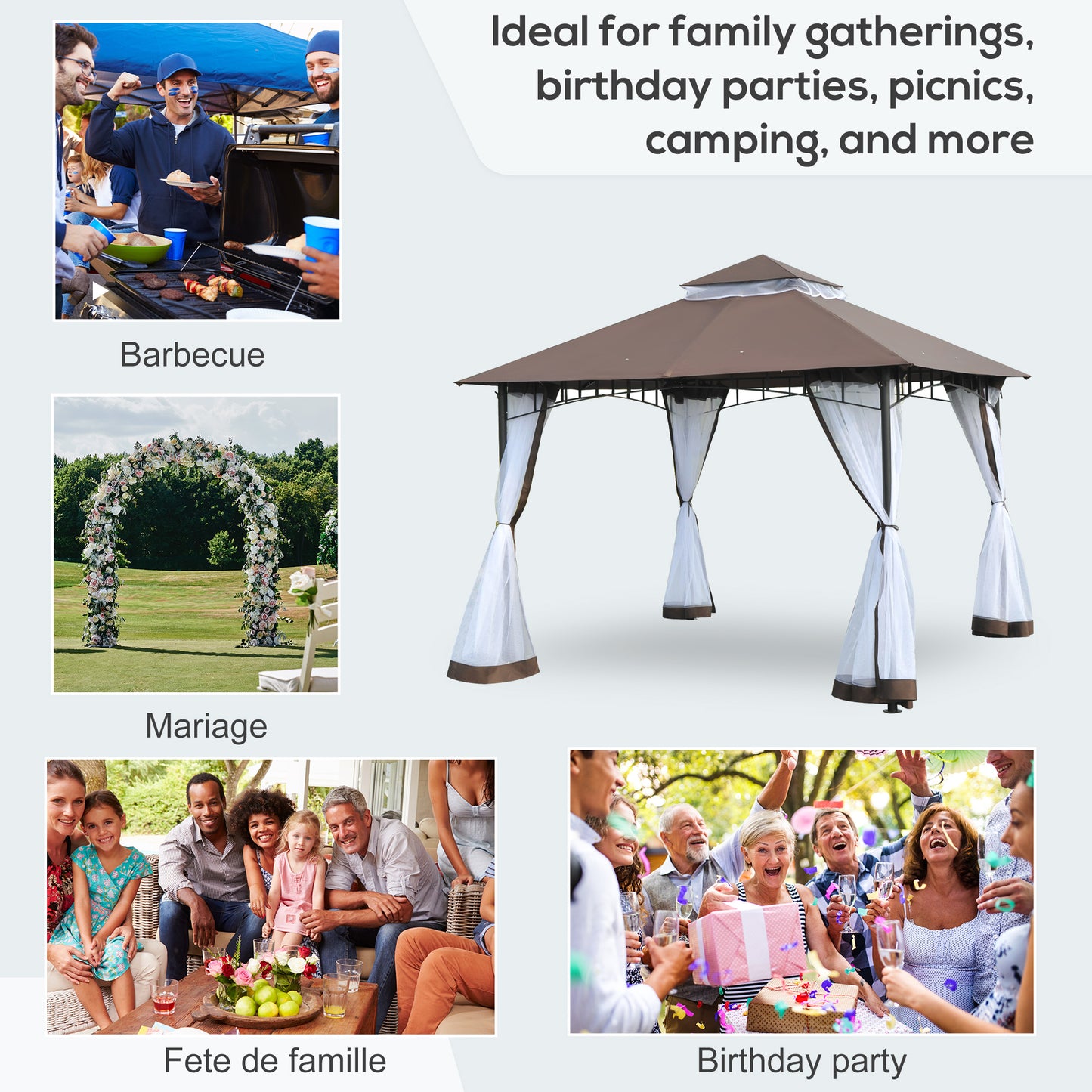 Outsunny 3 x 3 meter Patio Metal Gazebo Square Outdoor Party Wedding Canopy Shelter w/Mesh - Brown