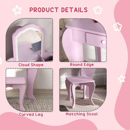 ZONEKIZ Kids Vanity Table with Mirror, Stool, Drawer, Storage Boxes, Cloud Design, for Ages 3-6 Years - Pink