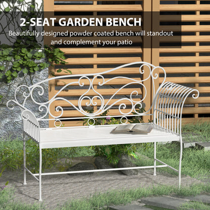 Outsunny Garden 2 Seater Metal Bench Outdoor Seating Furniture Chair w/Decorative Backrest White