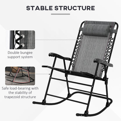 Outsunny Garden Rocking Chair Folding Outdoor Adjustable Rocker Zero-Gravity Seat with Headrest Camping Fishing Patio Deck, 90 x 64 x 110 cm - Grey