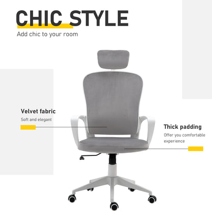 Vinsetto Office Chair, Ergonomic Desk Chair, High Back Velvet Fabric Computer Chair with Adjustable & Liftable Headrest for Home, Grey