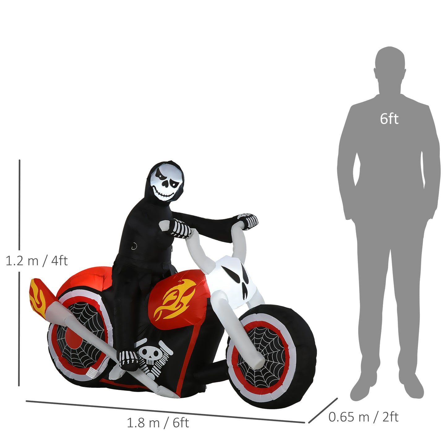 HOMCOM 1.8m Giant Inflatable Grim Reaper Motorcycle Halloween Decoration Ghost Flaming with LED Outdoor Air Blown Holiday D√É¬©cor