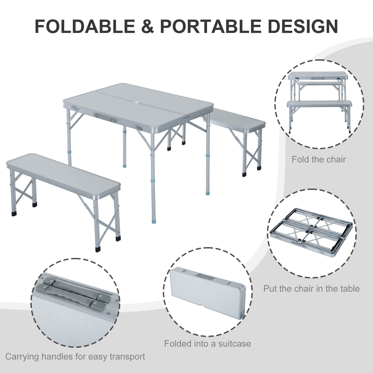 Outsunny 3 pcs Picnic Table Bench Set, Foldable, Aluminum Alloy