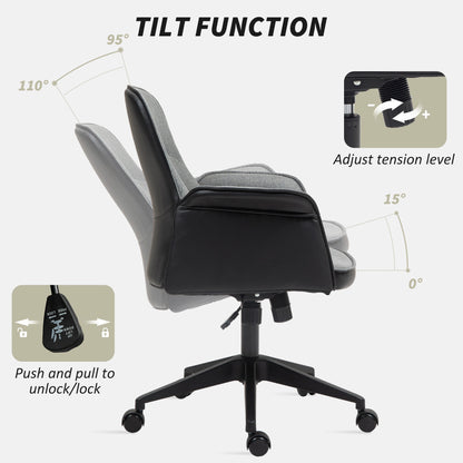 HOMCOM Home Office Chair, Upholstered Linen Desk Chair with Adjustable Height and Tilt Function, Swivel Chair for Home Office and Study Room, Grey