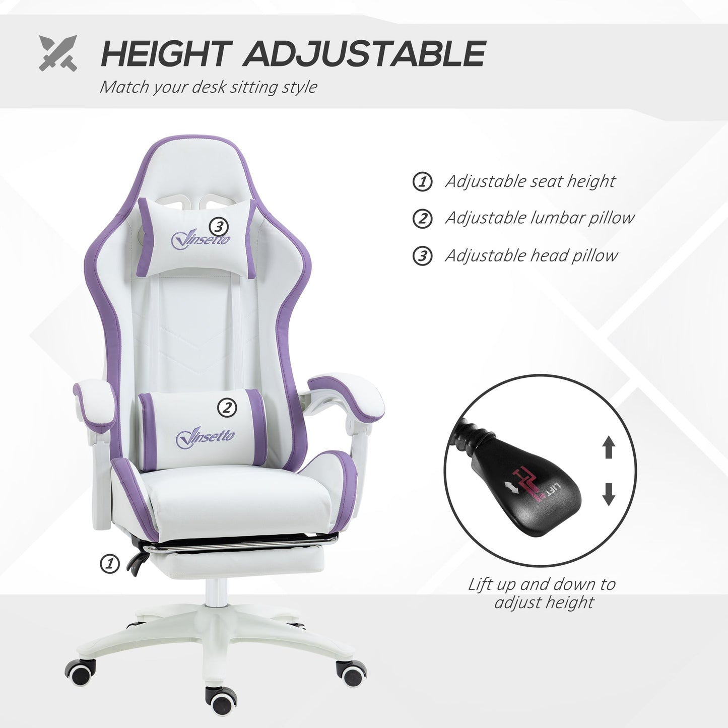 Vinsetto Computer Gaming Chair, PU Leather Desk Chair with Footrest, Swivel Task Chair with 135√Ç¬∞ Reclining Back and Lumbar Support, PC Chair for Adults, White and Purple