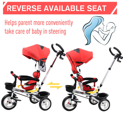 HOMCOM 4 in 1 Tricycle for Kids Toddler Folding Trike with Parent Handle Reversible Seat Adjustable Handle Removable Canopy Safety Belt for 18 Months to 5 Years Red