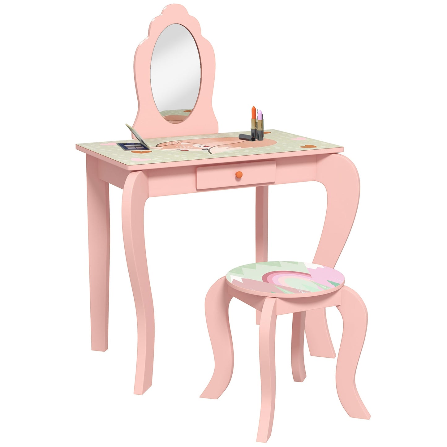 ZONEKIZ Kids Dressing Table with Mirror, Stool, Drawer, Cute Animal Design - Pink