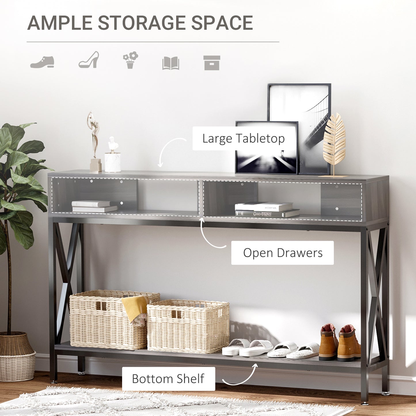 HOMCOM Console Table, Entryway Table with 3 Compartments, Metal Frame, Adjustable Feet for Living Room, Hallway, Grey