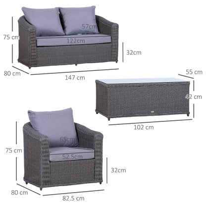 Outsunny Deluxe Round PE Rattan Garden Furniture Set, Fully-assembly Outdoor Sofa Set with Armchair, Loveseat, Glass Top Coffee Table, Aluminium Frame, Cushion, Grey