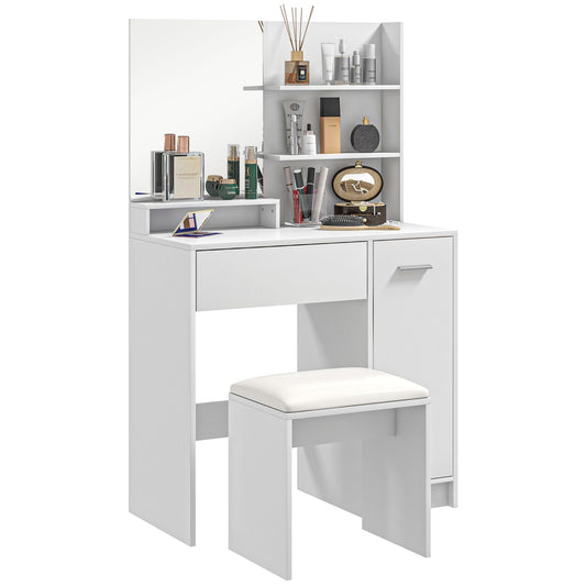 HOMCOM Dressing Table with Mirror and Stool, Vanity Table, Modern Makeup Desk with Drawer, Storage Cabinet and Adjustable Shelf for Bedroom, White